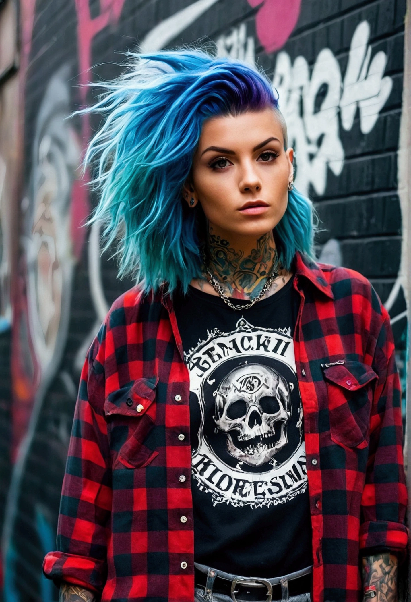 
upper body portrait, The raw essence of a tattooed street style icon, soaked in rebellious energy, Wear an oversized flannel shirt, Vibrant graffiti as wallpaper, Avant-garde fashion, sense, confident look, colorful hair, Rays of light pierce the fog. camra nikon Zfc, Sigma art 18mm, kodak film, hyper realistic