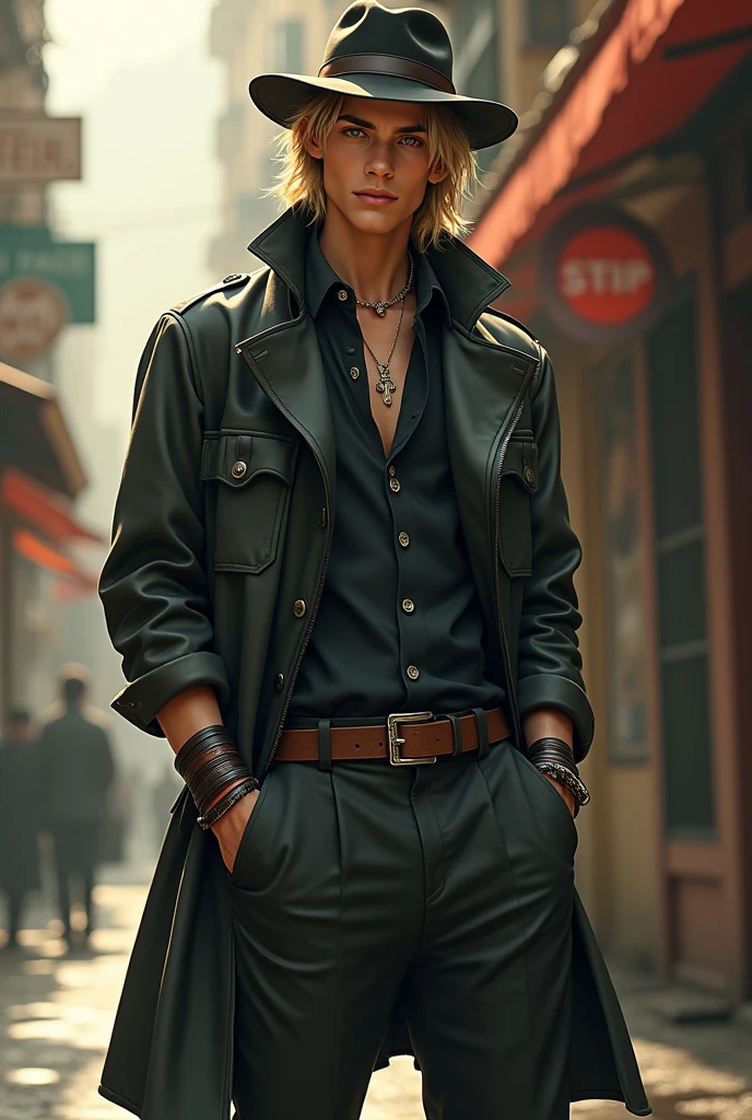 Chico detective, manly, rubio, slender, young, Cheek-length hair, Rock style, pale, elegant physique, angelic beauty, with his work uniform, with a detective hat, rocker and leather bracelets, baggy pants, year 2007