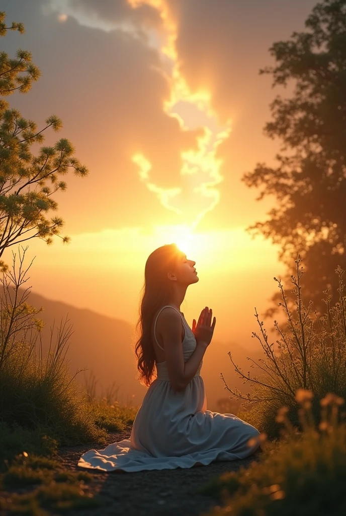 • “Create an image of a person kneeling in prayer at dawn, with sunbeams gently illuminating the environment. The scene should convey peace and hope.”
