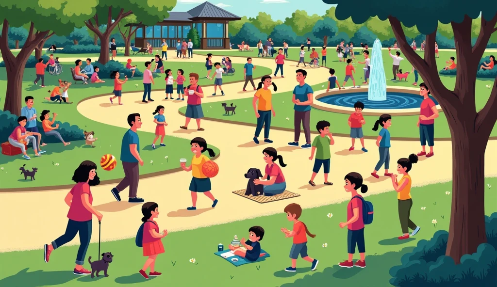 VARIOUS PEOPLE IN THE PARK DOING VARIOUS ACTIVITIES CARTOON