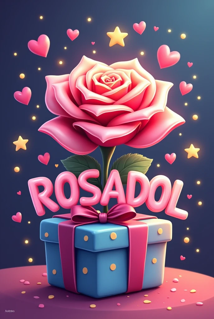 Make a logo with the word ROSADOL, It is for a company that is dedicated to making virtual birthday invitation cards for children and adults. , Place a rose in the words or logo, a birthday present , stars