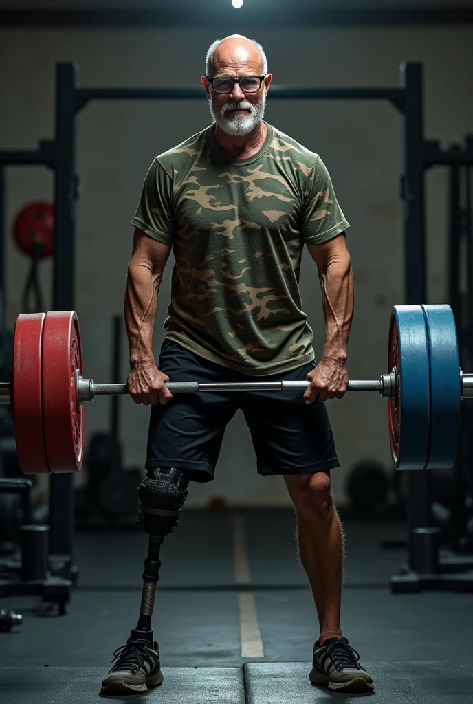 dark man, stark, calvo, No beard and glasses, at 65 years old, training at the gym. He wears a camouflage shirt, black shorts and has a prosthesis on his left leg. He holds with both hands a bar with 2 large washers on each side, one being red and one being blue.