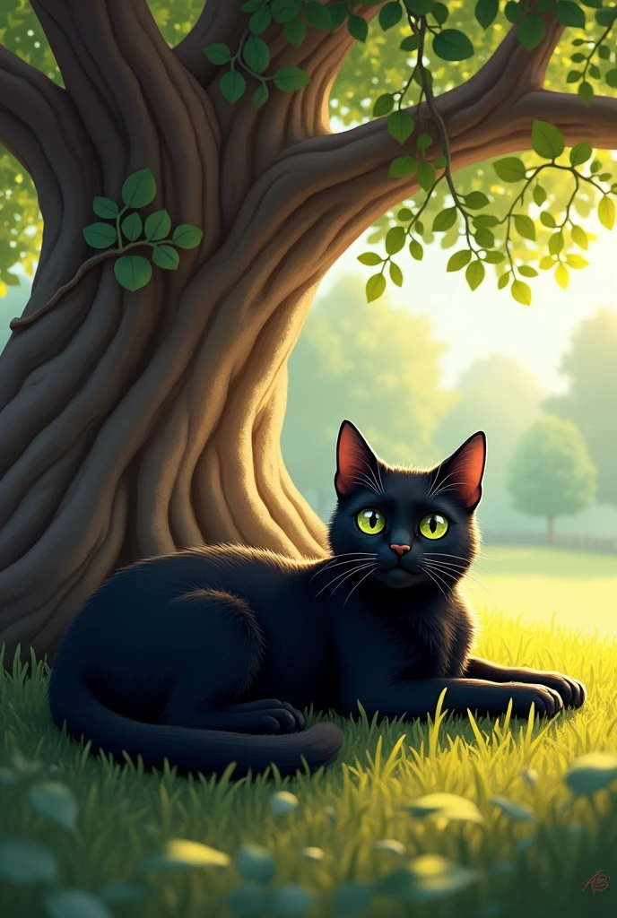 black cat under the shade of an old oak tree. cheered up