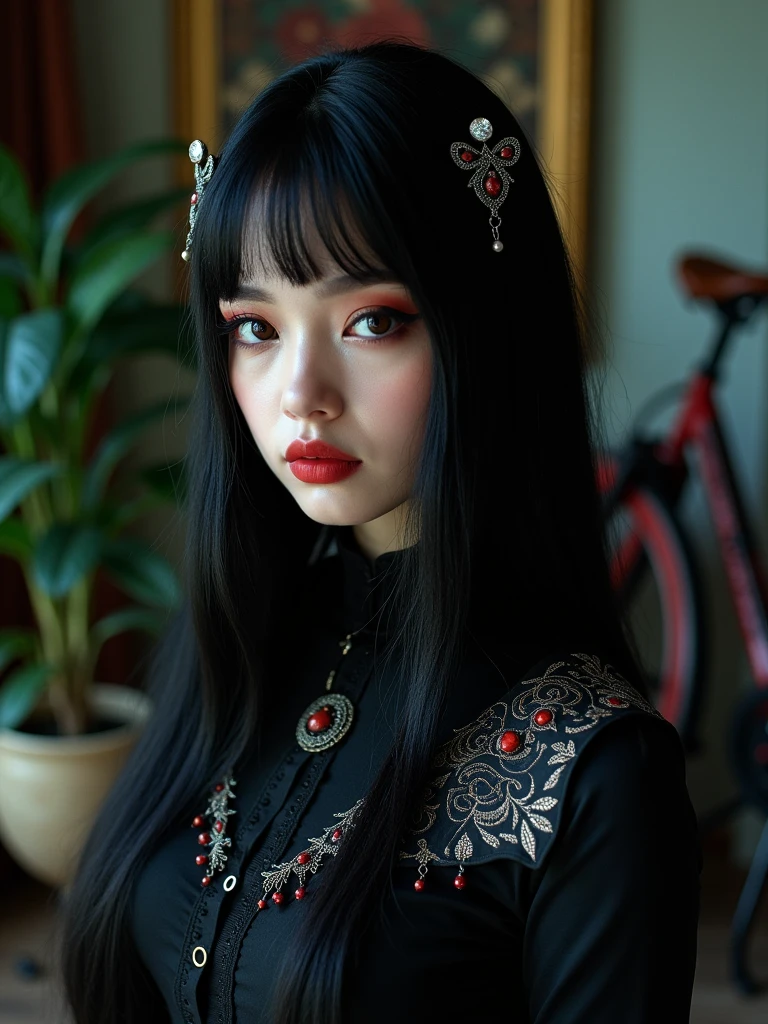 Image is a portrait-style photograph featuring a gorgoeous 24 years old woman with fair skin and dark hair. She has straight bangs and her hair is adorned with two decorative hairpins. She is wearing a black outfit with intricate patterns and shoulder pads, giving it a gothic or fantasy-inspired look. Her makeup includes dark eyeliner and red eyeshadow, which accentuates her eyes. The background is slightly blurred, showing a room with various objects, including a plant and what appears to be a bicycle or similar equipment. The overall color scheme of the image is dark with contrasting elements, focusing on the subject's detailed attire and facial features.