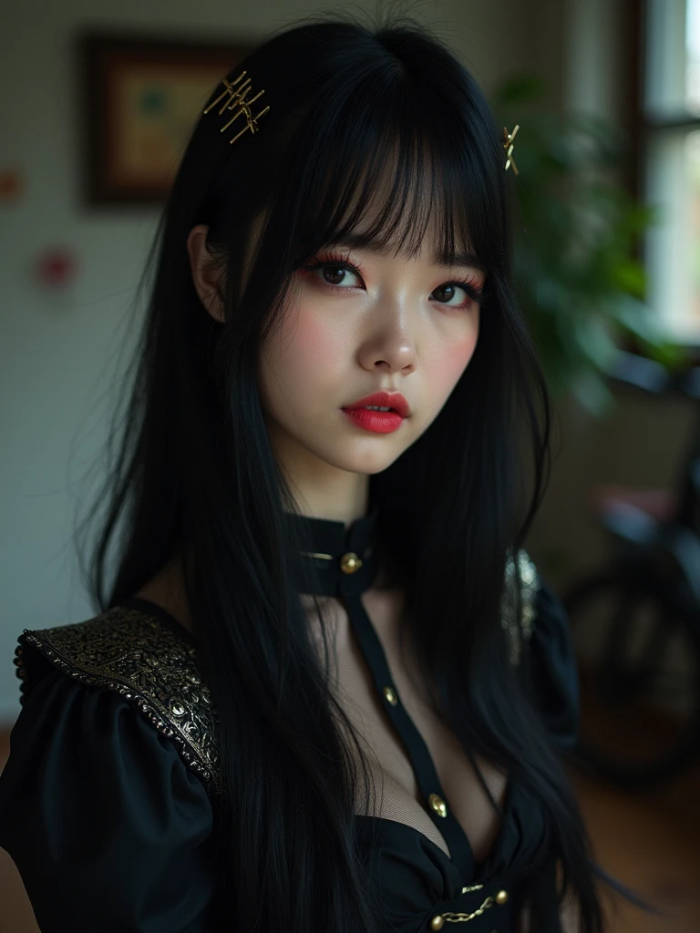 Image is a portrait-style photograph featuring a gorgoeous 24 years old woman with fair skin and dark hair. She has straight bangs and her hair is adorned with two decorative hairpins. She is wearing a black outfit with intricate patterns and shoulder pads, giving it a gothic or fantasy-inspired look. Her makeup includes dark eyeliner and red eyeshadow, which accentuates her eyes. The background is slightly blurred, showing a room with various objects, including a plant and what appears to be a bicycle or similar equipment. The overall color scheme of the image is dark with contrasting elements, focusing on the subject's detailed attire and facial features.