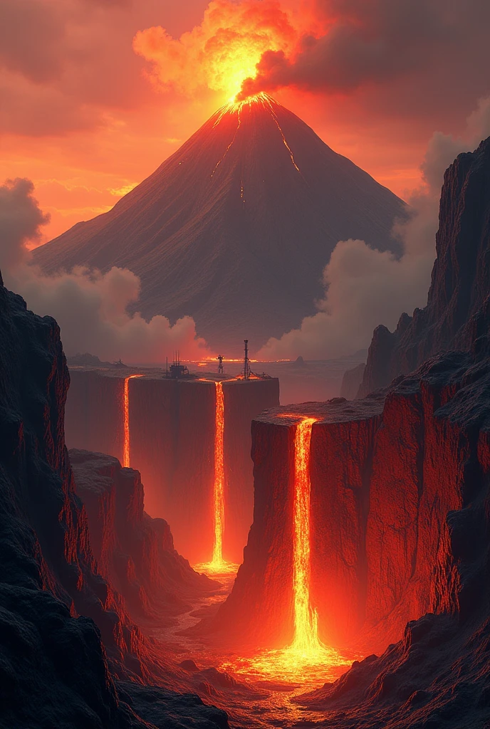 Volcanic mountain flowing lava falls blacksmith forge inside mountain no people 