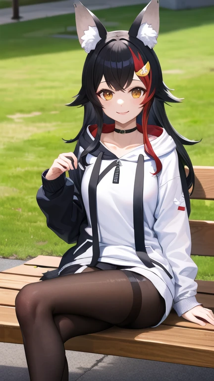 masterpiece, best quality, highres, miosha1, hair ornament, wolf tail, black choker, hood, black hoodie, white hoodie, paw print, black shorts, black pantyhose, sitting, crossed legs, smile, park, bench