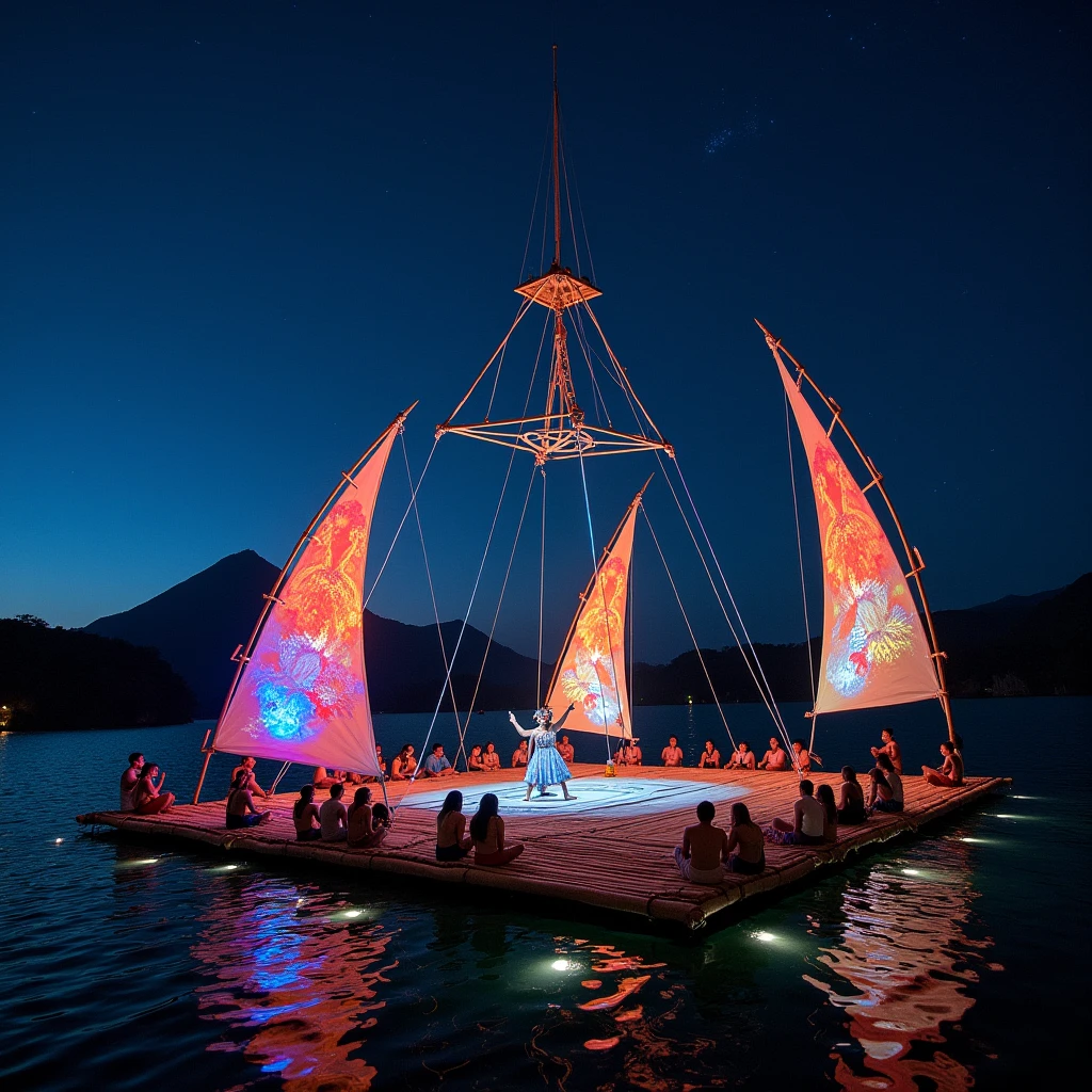 Night aerial circus show on Lake Atitlan. The stage is a floating bamboo platform with sails on which videos are projected..
Around the platform, the public is seated on the roof of the Lancha (motorboat on Lake Atitlan)