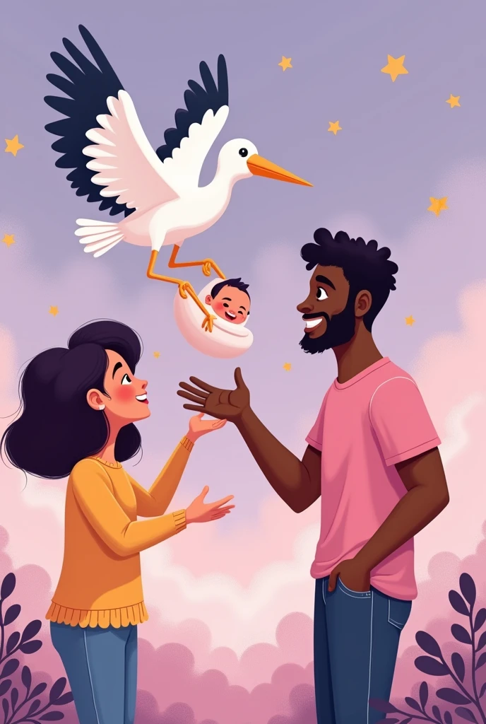 Create an art to post on Instagram welcoming her With a stork carrying her to her parents Her mother is a white person and her father is black With the writing: It is , Welcome Malu Uncle loves uncle takes care With the purple background of the image