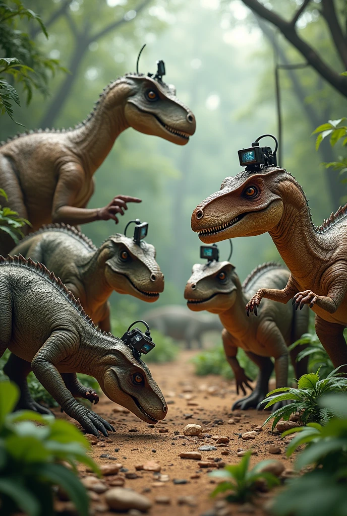 Dinosaurs using a metal detector 