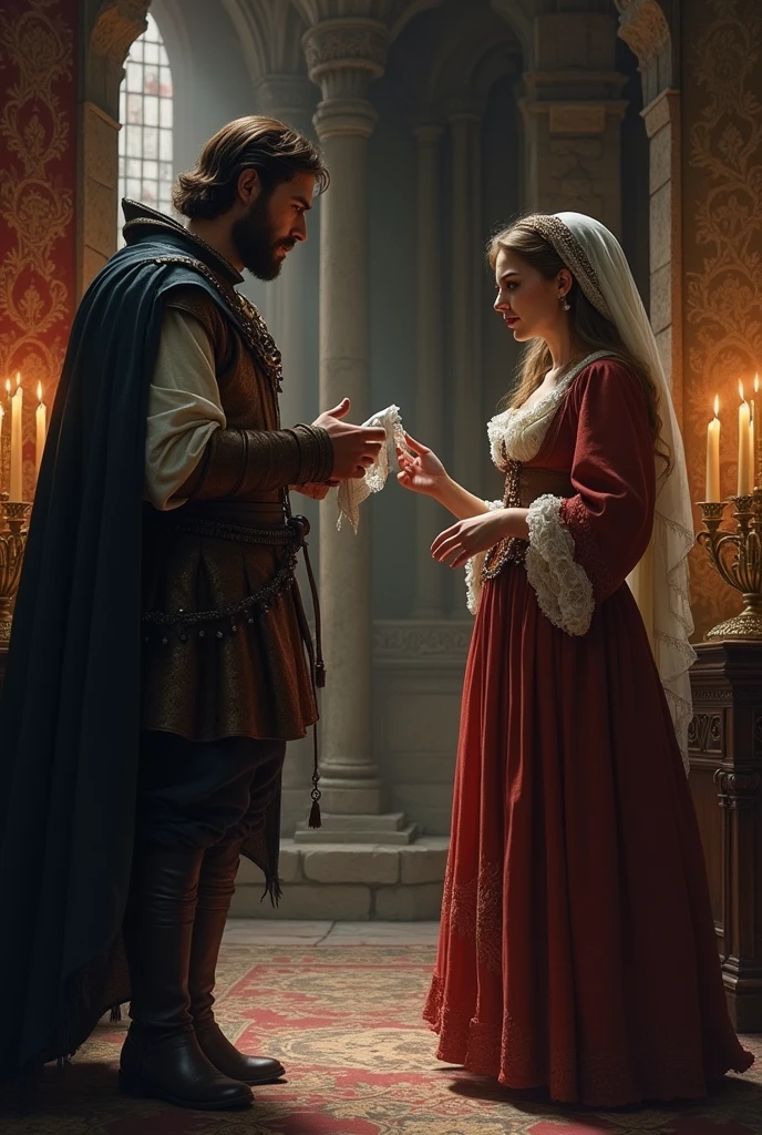 A man asking a woman what handkerchief she is talking about in medieval style