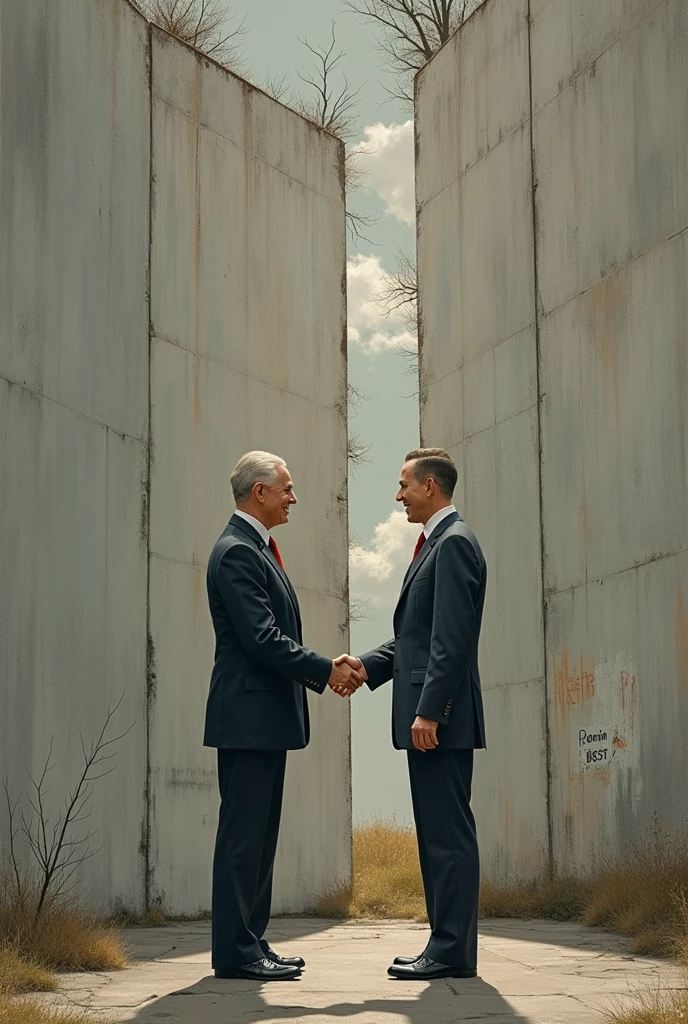 two German works, one from West Germany and one from East Germany, shaking hands in front of a wall