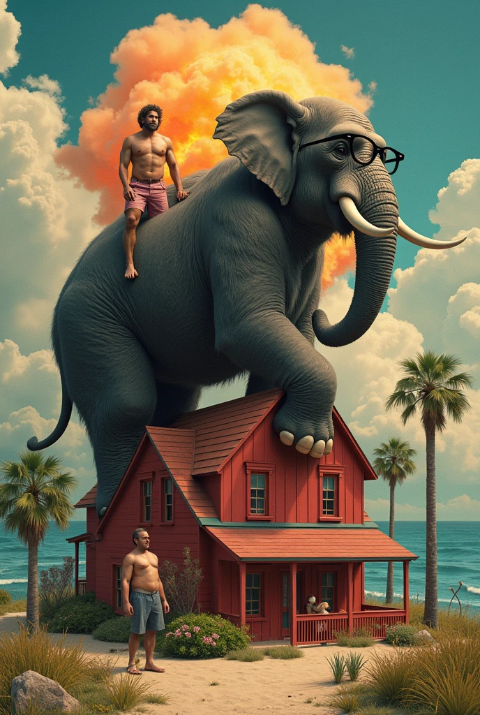 Make a big monkey with black glasses at a party with a shirtless man and a red house in a sea and an elephant on top of the monkey and a big explosion behind the party