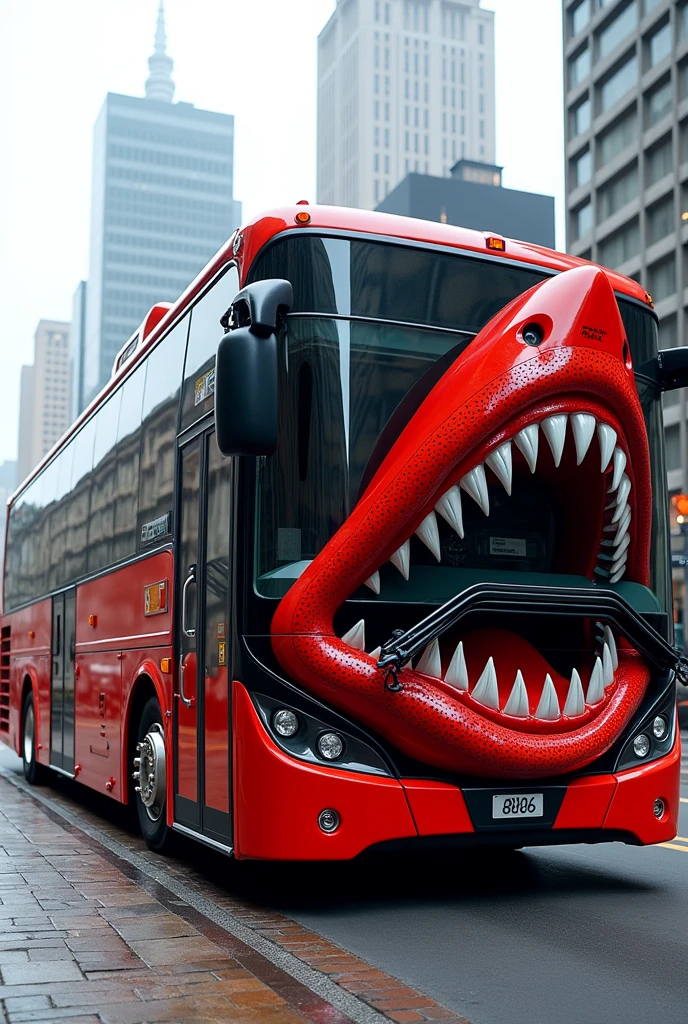 Big Bus 3D, predominant color red with black details, with a strong shark design printed on it