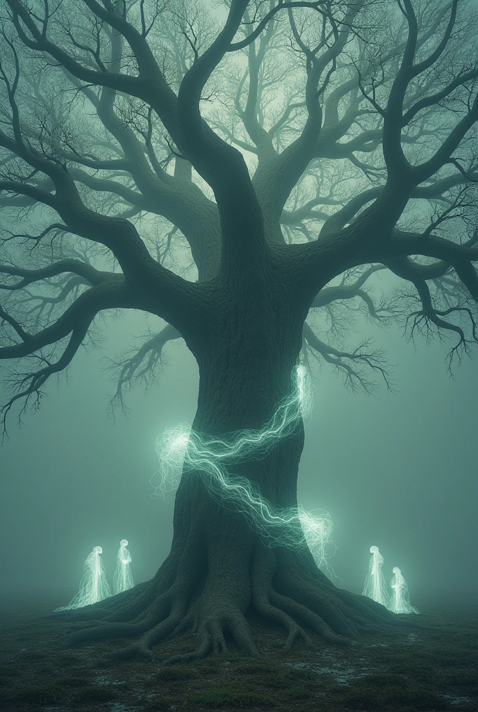 The Sacred Tree Protected by Ancestral Spirits: The tree is surrounded by ethereal figures that blend with the mist and moonlight, guarding it against any harm. The spirits are barely visible, appearing as wisps of light that intertwine with the branches and roots.
