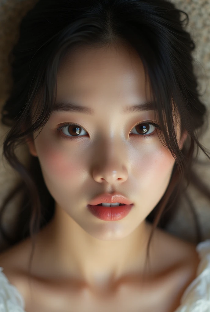 realistic photo, 25-year-old Japanese woman, nude, looking at the camera, from above, detailed face and body, natural lighting, high resolution, photorealistic, 32mm, (best quality,8k, high res,masterpiece:1.2),ultra-detailed,(realistic, photorealistic,photo-realistic:1.37), realistic skin texture, detailed eyes, and lips, beautifully detailed face, long eyelashes, smooth skin, natural body shape