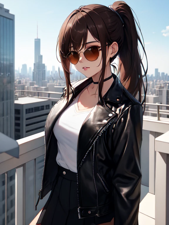 Black Leather Jacket, Background is the rooftop of a high-rise building, sunglasses, Cute face:1.5, Petite:1.5, 15 years old, Long Hair:1.5, ponytail, Brown Hair, Small breasts, uhd, retina, masterpiece, ccurate, anatomically correct, textured skin, super detail, high details, high quality, best quality, highres, 4K