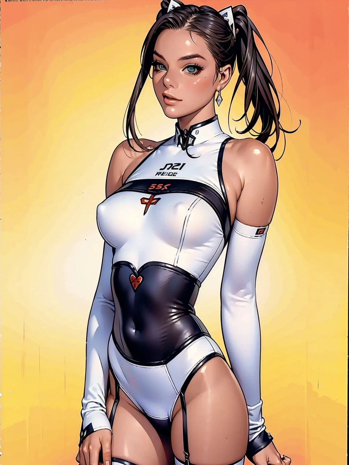 (((Margot Robbie))), ((( BLACK AND RED nano suit ))), (((bandaged arms))), (((MMA fighter OF THE FUTURE))), ((high collar)), (((Quorra))), (((best qualityer: 1.4))), (Unbeatable masterpiece), (hiper HD),(CG 8k hyper-realistic), (((brave face))), (((breasts big))), (((hyper feminine))), sexly girl,(black bob hair)), ((( sculptural body ))), (((1 Kizi))), Kizi cibernética de 25 anos com perfectbody,,Beautiful and well-groomed face,muscular body:1.2,solid color detailed jacket, (Head to thigh photos), Complex equipment, green dark,Long pants,Tight clothes are dark,With white stars and off-white stripes,,,,,Armor Metal Electronic Parts, Poison tattoos ) INFO, Kizi, (((standing alone))), pirralha violent, ((())), sexly, pose de atitude, work of art, post-apocalypse, (((manga style))), bounty hunter, violent, Manic, the way you want, slenderbody, thin but strong, perfectbody, roupa moderna, advanced technology, neon, sleeves with vertical striped pattern, neutral background, (( cowboy shot )). intricate visual