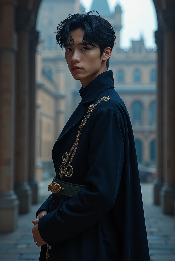 Jaemin, Positive, Twink, Lips parted, (Dark navy hair:1.2), Dark navy Prince Regal outfit, (Ultra-realistic:1.2), (close:1.2), (Gothic European castle background:1.2), (Complex:1.2), (View your viewers:1.2), Men's Center, 1 male, Arms clasped behind back