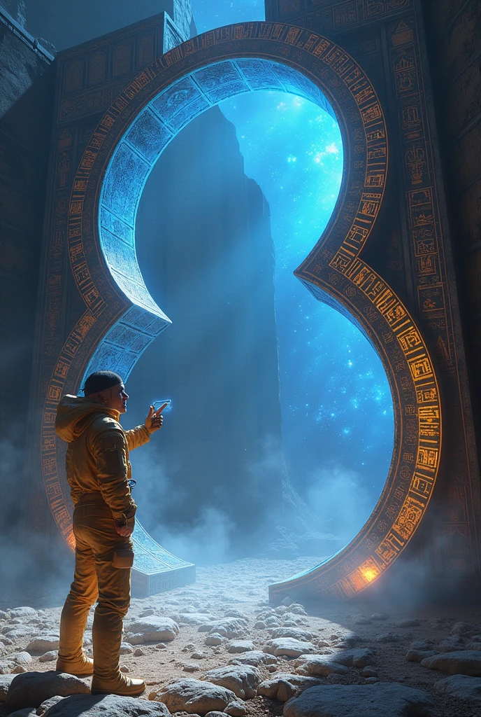 --checkpoint "SeaArt Infinity" --checkpoint "Stable Diffusion 2.1" --lora "Egyptian Art LoRA" --lora "Sci-Fi Concept Art LoRA" --lora "Surrealism LoRA" --lora "Detailed Characters LoRA" --lora "Architectural LoRA" --lora "sci-fi" a solitary explorer, with eyes wide open in fascination and determination, holds a luminescent analysis device. His golden spacesuit, adorned with Egyptian hieroglyphs, reflects the intense light from two monolithic infinity-shaped portals, positioned side by side to form a horizontal figure 8. The portals, carved from black and shiny obsidian, emanate a pulsating sapphire-blue energy flow, creating a stellar vortex that distorts the surrounding space-time. Ancient Egyptian hieroglyphs, which seem to narrate a cosmic story, cover the surface of the portals, emitting a soft golden luminescence. Colossal ruins of an ancient alien civilization, with pyramidal and sphinx-like architecture, stretch into the background. The ruins, shrouded in a silver mist, appear to have been built as a stellar sanctuary. The explorer, with an enigmatic smile, points the device at one of the portals, while the fossilized remains of reptilian-like humanoid creatures scattered throughout the ruins testify to the grandeur and decay of a lost civilization. The starry sky, filled with nebulas and supernovas, serves as a backdrop for this epic scene. Artistic style: Egyptian sci-fi with touches of cosmic surrealism. Dramatic lighting, with rays of light cutting through the mist and highlighting the hieroglyphs and geometric shapes of the ruins and portals. The atmosphere is one of mystery and hope, suggesting that the explorer is about to unveil a cosmic secret, with 3D hologram floating in the air with distortions and reflections, science fiction style, in the upper corner, centered. The phrase 'Infinity contains all possibilities' in blue and violet neon font, written "Infinity contains all possibilities".