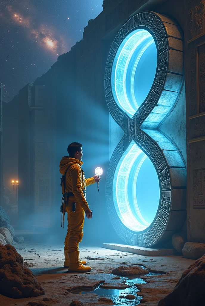 --checkpoint "SeaArt Infinity" --checkpoint "Stable Diffusion 2.1" --lora "Egyptian Art LoRA" --lora "Sci-Fi Concept Art LoRA" --lora "Surrealism LoRA" --lora "Detailed Characters LoRA" --lora "Architectural LoRA" --lora "sci-fi" a solitary explorer, with eyes wide open in fascination and determination, holds a luminescent analysis device. His golden spacesuit, adorned with Egyptian hieroglyphs, reflects the intense light from two monolithic infinity-shaped portals, positioned side by side to form a horizontal figure 8. The portals, carved from black and shiny obsidian, emanate a pulsating sapphire-blue energy flow, creating a stellar vortex that distorts the surrounding space-time. Ancient Egyptian hieroglyphs, which seem to narrate a cosmic story, cover the surface of the portals, emitting a soft golden luminescence. Colossal ruins of an ancient alien civilization, with pyramidal and sphinx-like architecture, stretch into the background. The ruins, shrouded in a silver mist, appear to have been built as a stellar sanctuary. The explorer, with an enigmatic smile, points the device at one of the portals, while the fossilized remains of reptilian-like humanoid creatures scattered throughout the ruins testify to the grandeur and decay of a lost civilization. The starry sky, filled with nebulas and supernovas, serves as a backdrop for this epic scene. Artistic style: Egyptian sci-fi with touches of cosmic surrealism. Dramatic lighting, with rays of light cutting through the mist and highlighting the hieroglyphs and geometric shapes of the ruins and portals. The atmosphere is one of mystery and hope, suggesting that the explorer is about to unveil a cosmic secret, with 3D hologram floating in the air with distortions and reflections, science fiction style, in the upper corner, centered. The phrase 'Infinity contains all possibilities' in blue and violet neon font, written "Infinity contains all possibilities".