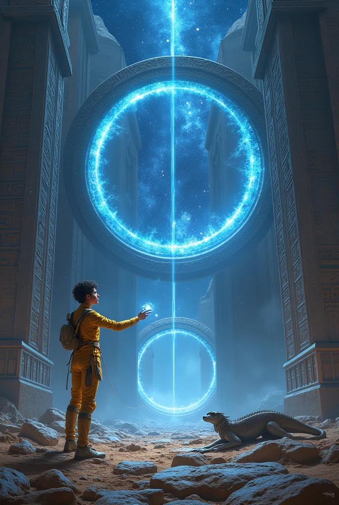 --checkpoint "SeaArt Infinity" --checkpoint "Stable Diffusion 2.1" --lora "Egyptian Art LoRA" --lora "Sci-Fi Concept Art LoRA" --lora "Surrealism LoRA" --lora "Detailed Characters LoRA" --lora "Architectural LoRA" --lora "sci-fi" a solitary explorer, with eyes wide open in fascination and determination, holds a luminescent analysis device. His golden spacesuit, adorned with Egyptian hieroglyphs, reflects the intense light from two monolithic infinity-shaped portals, positioned side by side to form a horizontal figure 8. The portals, carved from black and shiny obsidian, emanate a pulsating sapphire-blue energy flow, creating a stellar vortex that distorts the surrounding space-time. Ancient Egyptian hieroglyphs, which seem to narrate a cosmic story, cover the surface of the portals, emitting a soft golden luminescence. Colossal ruins of an ancient alien civilization, with pyramidal and sphinx-like architecture, stretch into the background. The ruins, shrouded in a silver mist, appear to have been built as a stellar sanctuary. The explorer, with an enigmatic smile, points the device at one of the portals, while the fossilized remains of reptilian-like humanoid creatures scattered throughout the ruins testify to the grandeur and decay of a lost civilization. The starry sky, filled with nebulas and supernovas, serves as a backdrop for this epic scene. Artistic style: Egyptian sci-fi with touches of cosmic surrealism. Dramatic lighting, with rays of light cutting through the mist and highlighting the hieroglyphs and geometric shapes of the ruins and portals. The atmosphere is one of mystery and hope, suggesting that the explorer is about to unveil a cosmic secret, with 3D hologram floating in the air with distortions and reflections, science fiction style, in the upper corner, centered. The phrase 'Infinity contains all possibilities' in blue and violet neon font, written "Infinity contains all possibilities".