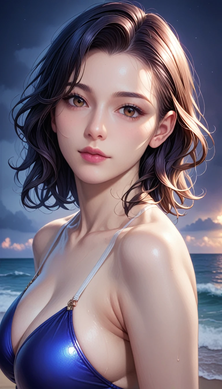 score_9, score_8_superior, score_7_superior, High resolution 3D anime style,A masterpiece in 32K resolution,Highest quality,it is really amazing,Very detailed,Ultra-high resolution,Ultra-realistic,Realistic,Increased depth of field,Cinematic lighting,
(Sexy mature Japan woman:1.2),
(black straight medium hair:1.1),(Ultra-detailed and beautiful face:1.1),(Calm and gentle look:1.1),Beautiful brown eyes,Translucent white skin,Realistic skin texture,Great proportions,
Elegant swimwear,
Summery design,Chic color scheme,Beautiful and delicate decoration,Detailed fabric texture,
(Dark overcast sky on a dull night:1.1),(Dark clouds filling the sky:1),(Thundercloud:1),Coastline at night,Stormy seas,(delay々A desolate sandy beach that continues:1),
Dramatic Angle,