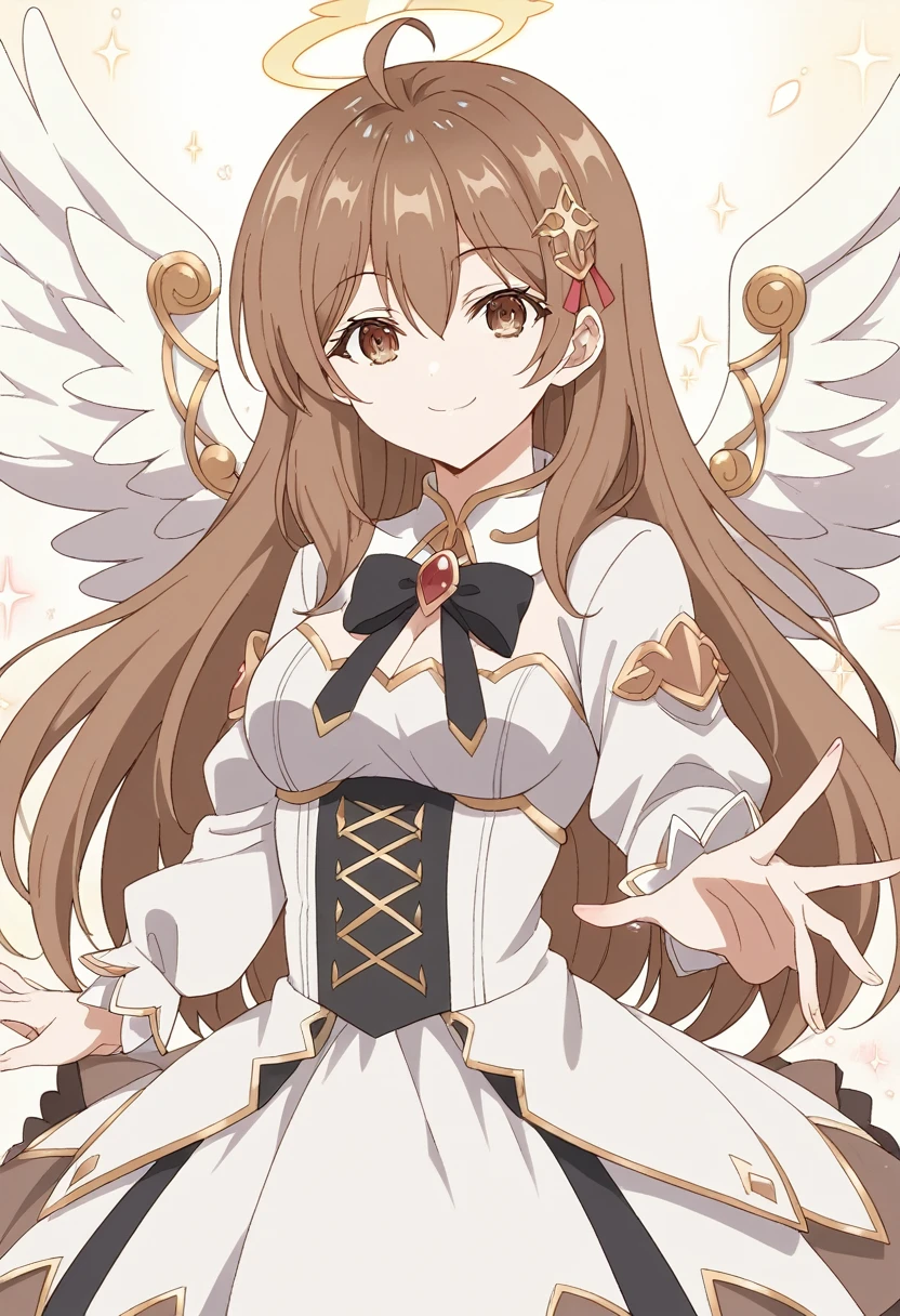 score_9, score_8_up, score_7_up, source_anime,mariamikhailovnakujou,mariamikhailovnakujou, long hair, bangs, brown hair, hair ornament, hair between the eyes, brown eyes, Ahoge,, gold and white lolita dress,angel wings, halo, heavenly background, smile, looking at viewer, solo,, cowboy shot, dutch angle, dynamic pose