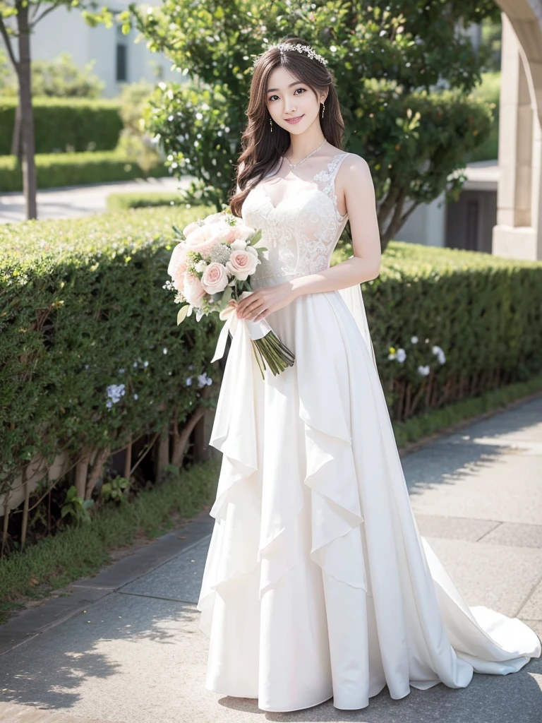 Photo-realistic quality、a woman in a Wedding dress holding a bouquet of flowers、Standing in front of the church、20 year old Japanese model、白のWedding dress,Hanae Mori style wedding dress、Japanese Idol、lace prom dresses、looking at the camera、Cute smile、Handsome、Clean atmosphere、Relaxed and gentle expression、tsnndrinsholding a bouquet, Wedding dress, So magical and dreamy、35ｍｍ Lens aperture F2.Shot at 8、Full body photo、From head to toe、A long, wide wedding dress that covers the feet、Narrow waist