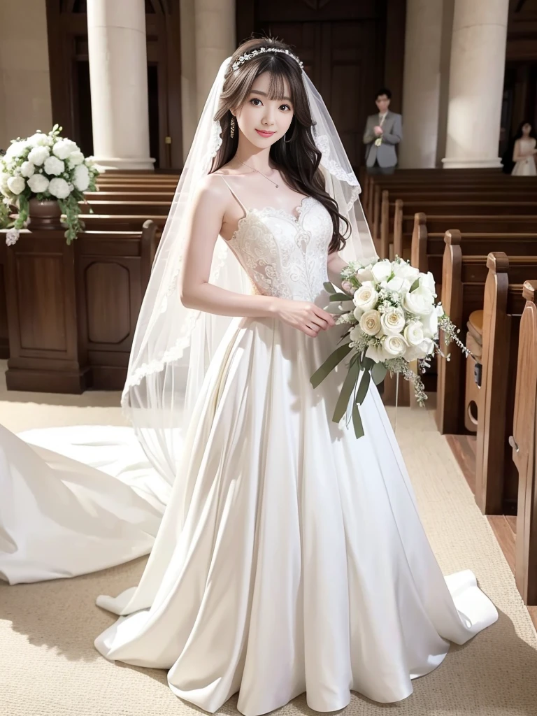 Photo-realistic quality、a woman in a Wedding dress holding a bouquet of flowers、Standing in front of the church、20 year old Japanese model、白のWedding dress,Hanae Mori style wedding dress、Japanese Idol、lace prom dresses、looking at the camera、Cute smile、Handsome、Clean atmosphere、Relaxed and gentle expression、tsnndrinsholding a bouquet, Wedding dress, So magical and dreamy、35mm Lens aperture F2.Shot at 8、Full body photo、From head to toe、A long, wide wedding dress that covers the feet、Narrow waist