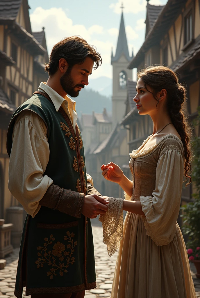 A man asking a woman what handkerchief she is talking about in medieval style 