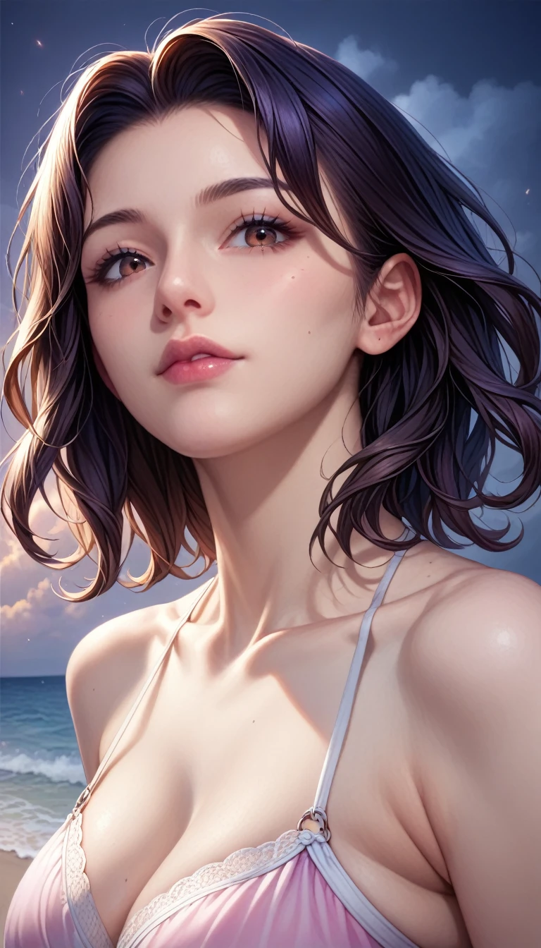 score_9, score_8_superior, score_7_superior, High resolution 3D anime style,A masterpiece in 32K resolution,Highest quality,it is really amazing,Very detailed,Ultra-high resolution,Ultra-realistic,Realistic,Increased depth of field,Cinematic lighting,
(Sexy mature Japan woman:1.2),
(black straight medium hair:1.1),(Ultra-detailed and beautiful face:1.1),(Calm and gentle look:1.1),Beautiful brown eyes,Translucent white skin,Realistic skin texture,Great proportions,
Elegant swimwear,
Summery design,Chic color scheme,Beautiful and delicate decoration,Detailed fabric texture,
(Dark overcast sky on a dull night:1.1),(Dark clouds filling the sky:1),(Thundercloud:1),Coastline at night,Stormy seas,(delay々A desolate sandy beach that continues:1),
Dramatic Angle,