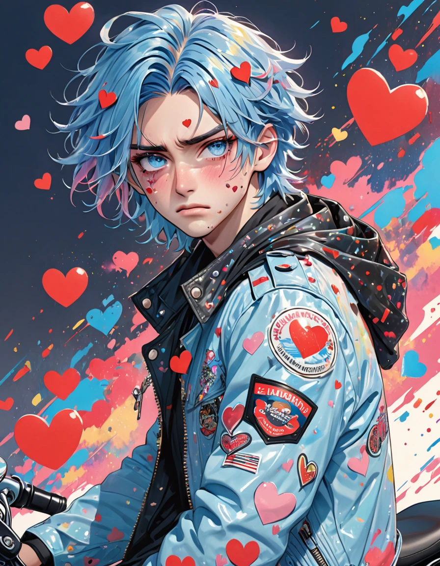 Semi-human unicorn boy, pastel blue hair, long and slightly messy hair, pale blue unicorn horn, dark blue eyes, long eyelashes, red dark circles under his eyes, bruises and wounds on the face, tired expression, blushing, sweaty, handsome,annoyed look, motorcycle jacket, black combat gloves, pins of hearts in the jacket, in the cover of fashion and gossip magazine, band-aid on cheek, heart-shaped pupils