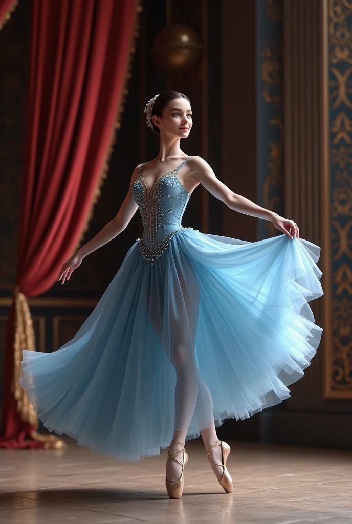 beautiful classical ballet dancer in a studded blue dress