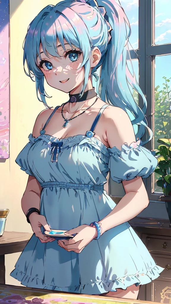 最high quality、Best image quality、masterpiece、With a girl((cute、18-year-old、Best Bust、Medium Bust、Beautiful Blue Eyes、Spread your chest wide,Pastel Hair、ponytail、Disheveled Hair、thin、Highest Valley、Pastel Dress、smile、necklace、Wristband、))high quality、Beautiful art、background((Pastel Room)),Tabletop、Exquisite design、Visual Arts、Written boundary depth、Best lighting、Highest detail、8k