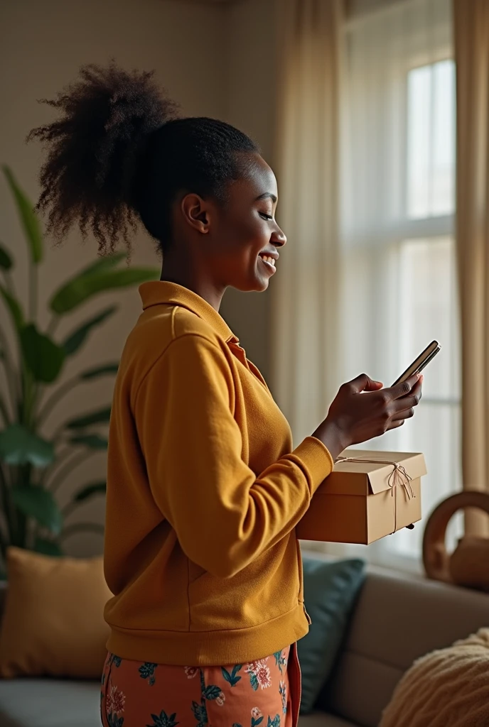 happy african woman with her back to the camera with her cell phone receiving a package