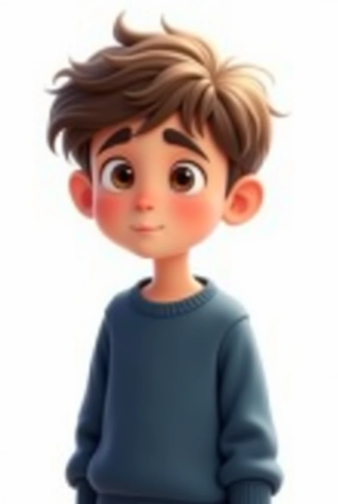 A boy with dark blue sweatshirt and close half of the body white background cartoon