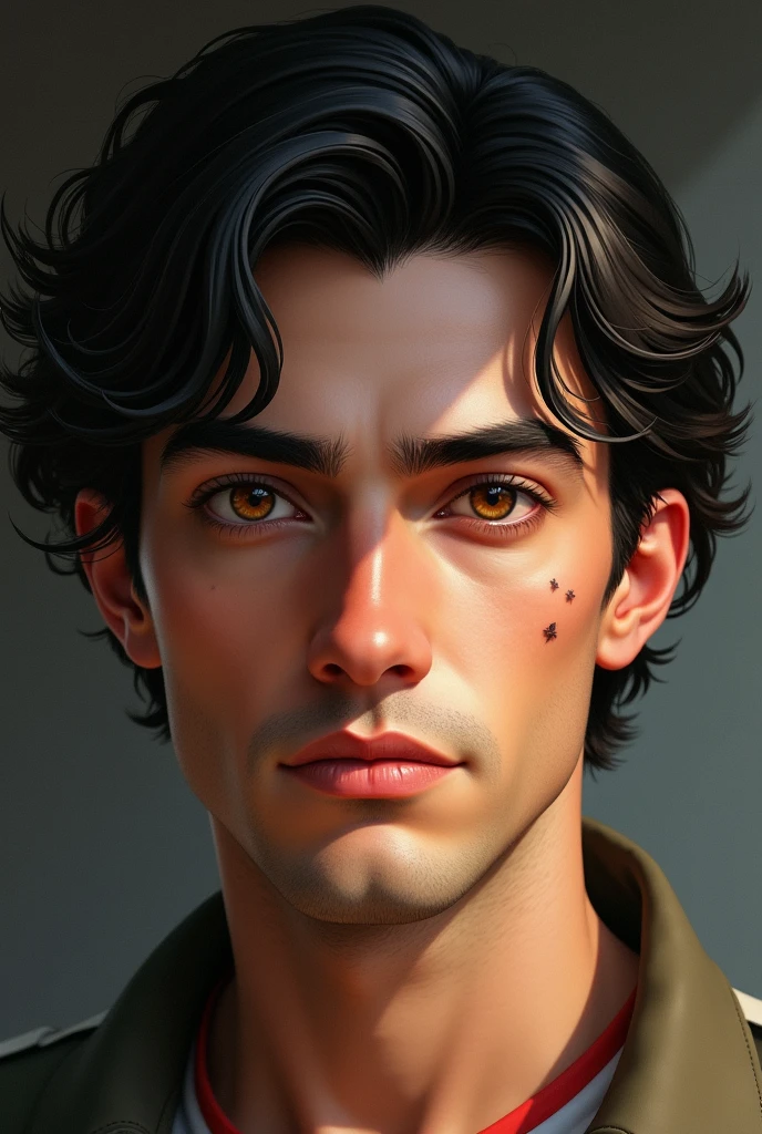 A man, brown eyed white, black, wavy hair and a mole on her cheek