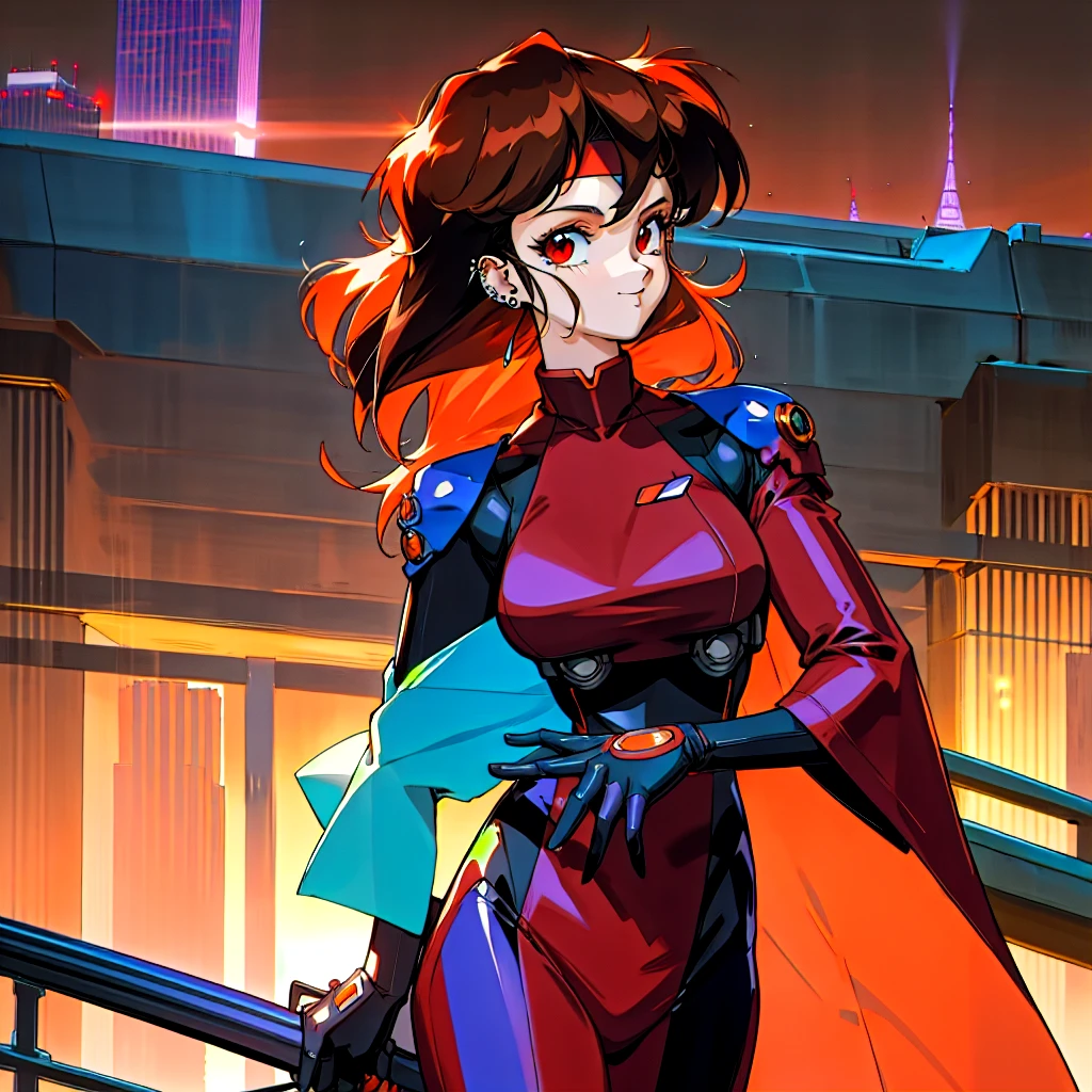 Kenichi Sonoda, retro art-style, 90s Japanese Anime Style, "bubblegum crisis", Sci-fi, Cyberpunk, Neon, Dystopia, (Amid the neon-soaked skyline of towering skyscrapers in mega Tokyo, 20-year-old anime beauty Pris stands alone on a gleaming skyscraper spire, bathed in the dazzling glow of the full moon. Her striking features are accentuated by a dark blue metal hard suit adorned with vibrant orange lines inspired by Syd Mead's industrial machine designs. Her brown medium-length hair frames her piercing gaze while she flashes a confident smile at the viewer. With fearless determination etched on her face, Pris is imposing and her entire presence exudes an aura of cool, stylish elegance. The smooth curves of her shadow, backlit by the moon, create a captivating silhouette, showcasing her unparalleled charm. A beauty under the watchful eye of the city's towering skyscrapers.), 1girl, solo, The main character, "Priss", 20yo, anime beauty, Cool beauty, Unparalleled beauty, Brown medium length hair, red eyes, Cold and sharp eyes, harsh brushstrokes, dramatic lighting, A dark blue metal hard suit with orange lines has a sophisticated design, fearless look, an expression of ridicule, smile, Standing alone in the backlight, she looks cool and stylish, Standing, looking at viewer, close-up photography of upper body, bust shot, Depth of field, character focus, (masterpiece, anime cg, official art, work of art, Award-winning work, extreme quality, ultra high definition, all intricate, overall detailed, finely detailed, super detailed, very aesthetic, boast pompously, focus on entire screen, asymmetrical, raytraced, caustics, textile shading, incredibly absurd resolution, absolutely resolution, ultra high resolution, professional, vivid colors, 16k, perfect anatomy, ideal facial features, Beautifully detailed face, Beautifully detailed eyes, ideally proportioned figure, perfectly beautiful body),
