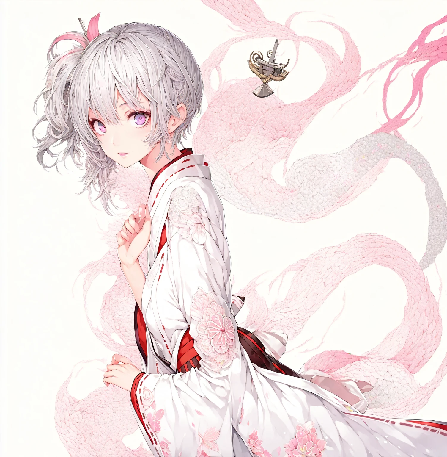 [(white background:1.4)::5],original,(illustration:1.1),(best quality),(masterpiece:1.1),(extremely detailed CG unity 8k wallpaper:1.1), (colorful:0.9),(mid shot:0.95),((highly detailed beautiful face and eyes)),(solo:1.2), (girl),(((adult))), (detailed beautiful eyes:1.15), (beautiful face:1.15), (glowing pink eyes:1.25////),(((silver medium hair))),(+perfect hand+:1.21),(Draw an illustration of japanese miko),(((side ponytail))),(Religious),(slender),(from side),(is wearing white kimono),(fantasy miko clothes),((beutiful slender girl with white kimono)),smile,(adult),side ponytail,