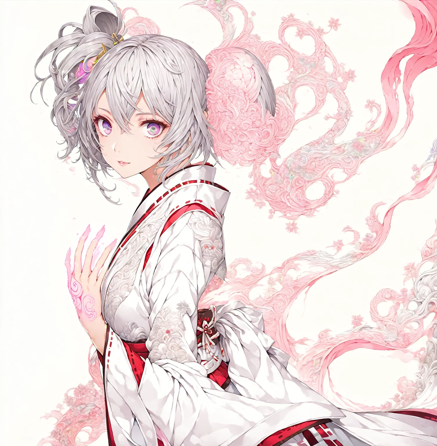 [(white background:1.4)::5],original,(illustration:1.1),(best quality),(masterpiece:1.1),(extremely detailed CG unity 8k wallpaper:1.1), (colorful:0.9),(mid shot:0.95),((highly detailed beautiful face and eyes)),(solo:1.2), (girl),(((adult))), (detailed beautiful eyes:1.15), (beautiful face:1.15), (glowing pink eyes:1.25////),(((silver medium hair))),(+perfect hand+:1.21),(Draw an illustration of japanese miko),(((side ponytail))),(Religious),(slender),(from side),(is wearing white kimono),(fantasy miko clothes),((beutiful slender girl with white kimono)),smile,(adult),side ponytail,