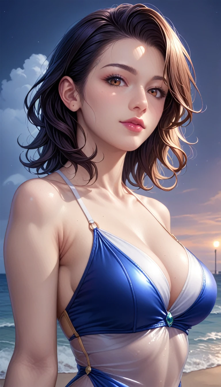 score_9, score_8_superior, score_7_superior, High resolution 3D anime style,A masterpiece in 32K resolution,Highest quality,it is really amazing,Very detailed,Ultra-high resolution,Ultra-realistic,Realistic,Increased depth of field,Cinematic lighting,
(Sexy mature Japan woman:1.2),
(black straight medium hair:1.1),(Ultra-detailed and beautiful face:1.1),(Calm and gentle look:1.1),Beautiful brown eyes,Translucent white skin,Realistic skin texture,Great proportions,
Elegant swimwear,
Summery design,Chic color scheme,Beautiful and delicate decoration,Detailed fabric texture,
(Dark overcast sky on a dull night:1.1),(Dark clouds filling the sky:1),(Thundercloud:1),Coastline at night,Stormy seas,(delay々A desolate sandy beach that continues:1),
Dramatic Angle,