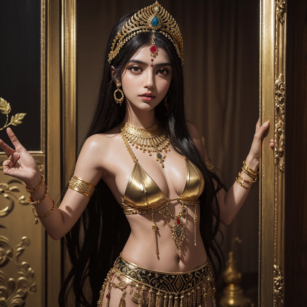 good quality image, of the Sumerian goddess/acadia Nisar, goddess of wisdom, Dark skin, Caramel skin, dressed in Mesopotamian clothing, leather and gold ornaments, small breasts. 