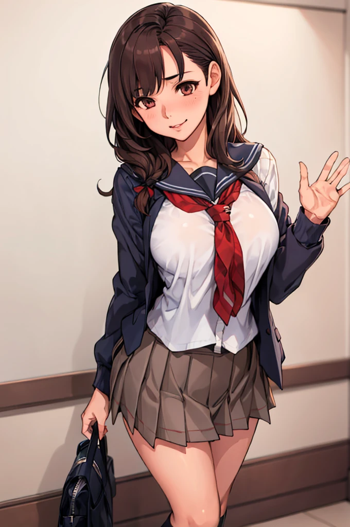 ((Tabletop, highest quality, High resolution, Hmph, Pixel Perfect, 4K, Hmph, Hmph))), One Girl, single, alone, beauty、The whole body is visible、 ((Mid-wave hair, bangs, Brown Hair)), ((Brown eyes, Beautiful eyelashes, Realistic eyes)), ((Detailed face, Blushing:1.2)), ((Smooth texture:0.75, Realistic texture:0.65, Realistic:1.1, Anime CG Style)), Mid-chest, Dynamic Angle, Perfect body, ((Red bow tie, , , White shirt, Black plaid skirt、No bra、)), classroom、、Very embarrassing panic smile, 、、(The wind flipped up her skirt, Sitting on the floor、Spread your legs、Arms pressed together pose、Get on one knee、Her white and light blue floral lace panties are completely visible、)、Angle from below