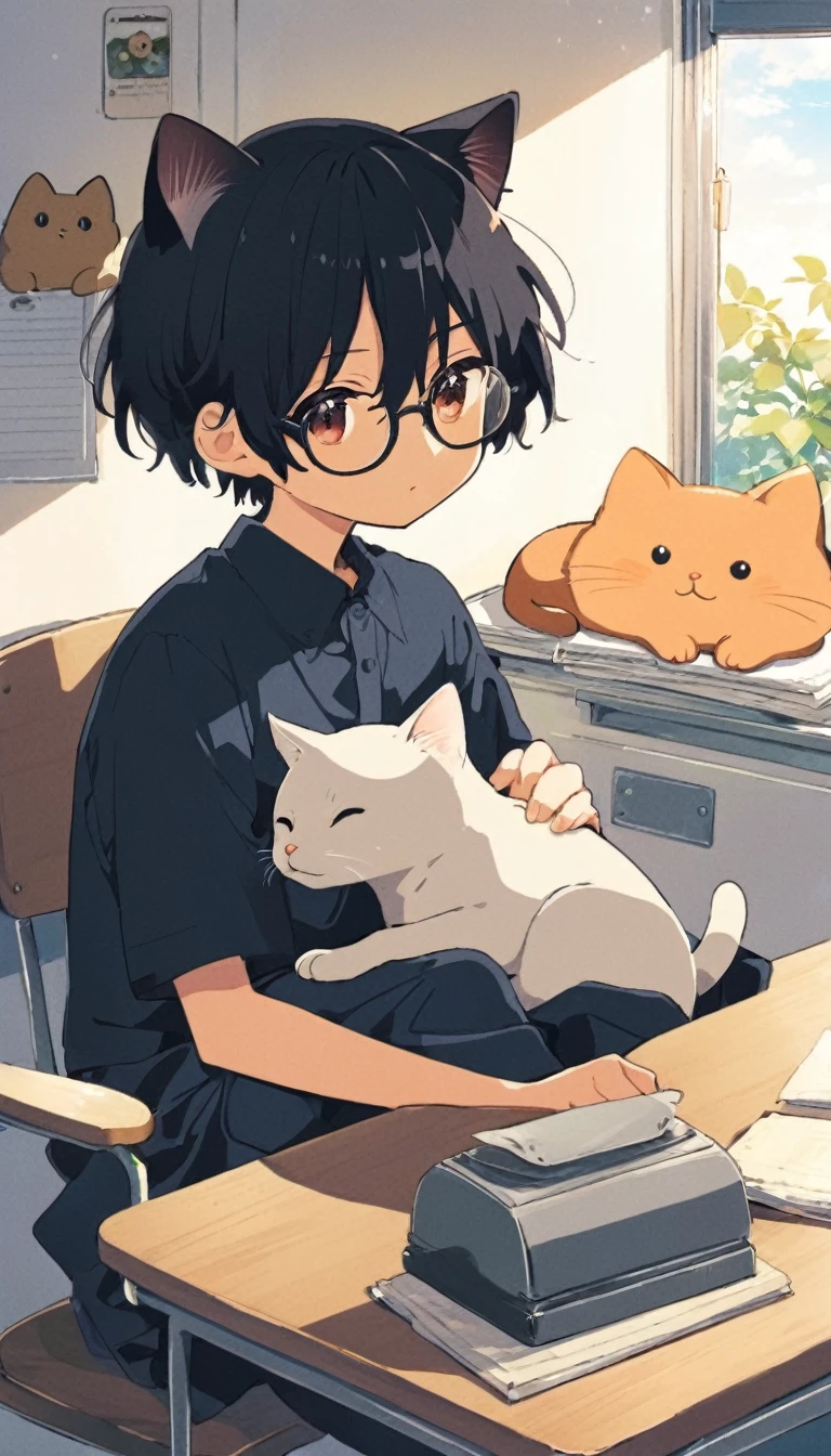 anime boy with black hair and glasses sitting at a desk with a cat, inspired by Okumura Togyu, inspired by Okumura Masanobu, in anime style, anime visual of a cute cat, in an anime style, anime asthetic, anime cat, anime aesthetic, modern anime style, anime lover, anime picture, pin on anime