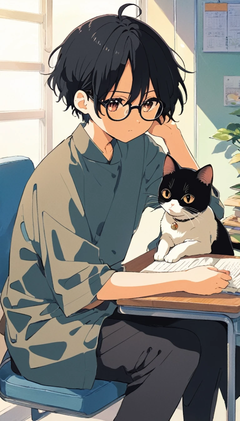 anime boy with black hair and glasses sitting at a desk with a cat, inspired by Okumura Togyu, inspired by Okumura Masanobu, in anime style, anime visual of a cute cat, in an anime style, anime asthetic, anime cat, anime aesthetic, modern anime style, anime lover, anime picture, pin on anime