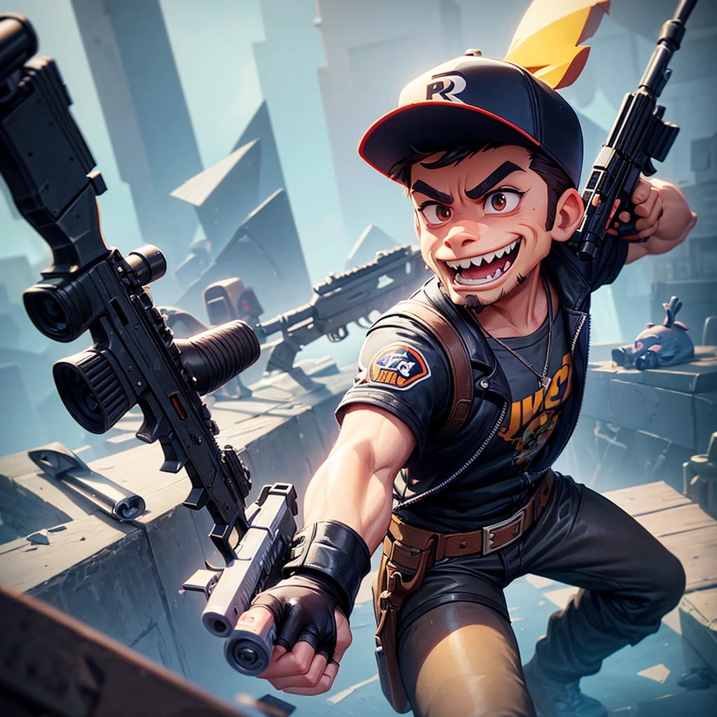 a close up of a cartoon character holding a gun, a low poly render inspired by Brian 'Chippy' Dugan, reddit, tachisme, hamsters holding rifles, an anthropomorphic gangster rat, masterpice, anthropomorphic gangster rat, as a fortnite character, 3 d icon for mobile game, rabbt_character, antasy character