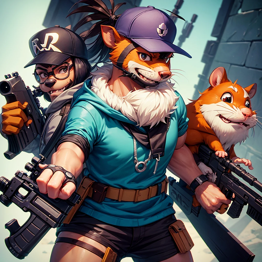 a close up of a cartoon character holding a gun, a low poly render inspired by Brian 'Chippy' Dugan, reddit, tachisme, hamsters holding rifles, an anthropomorphic gangster rat, masterpice, anthropomorphic gangster rat, as a fortnite character, 3 d icon for mobile game, rabbt_character, antasy character