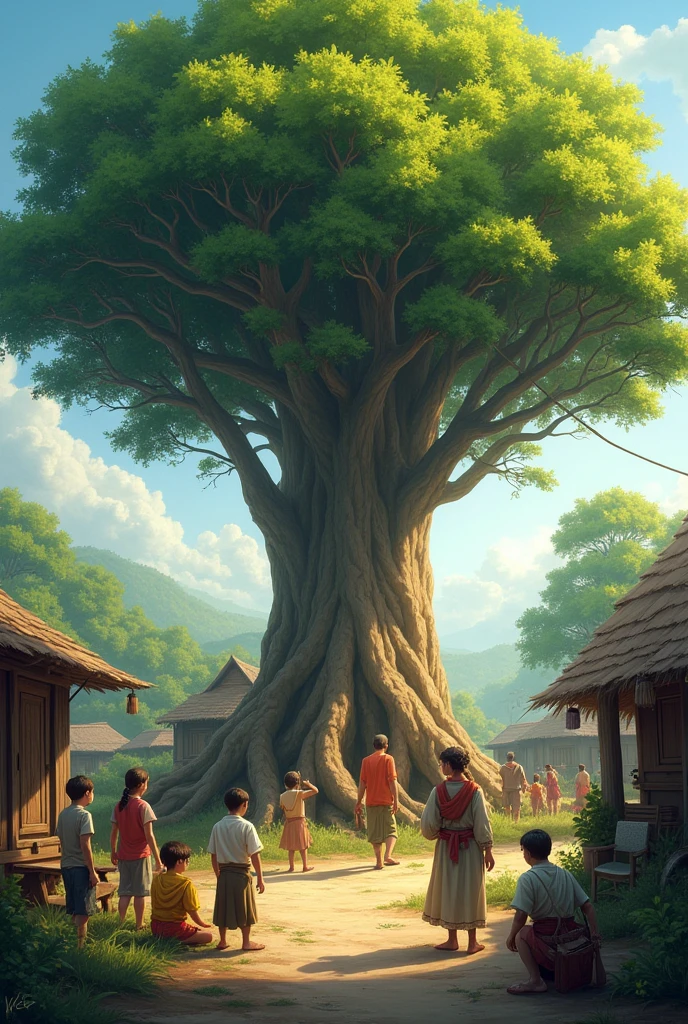 The Village’s Daily Life Around the Sacred Tree: Villagers go about their daily tasks, with the sacred tree always present in the background, serving as a constant reminder of their traditions and beliefs. Children play near its roots, and elders sit in its shade, telling stories of its power.