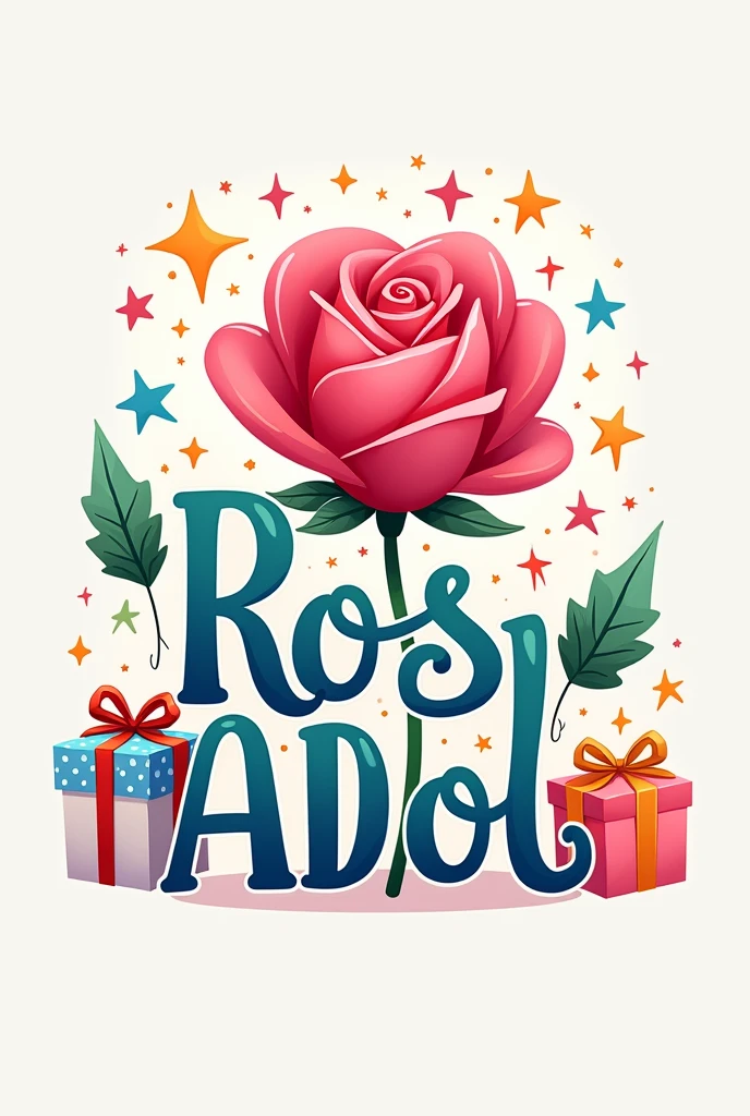 Make a logo with the word ROSADOL, It is for a company that is dedicated to making virtual birthday invitation cards for children and adults. , Place a rose in the words or logo, a birthday present , stars colored letters a digital envelope